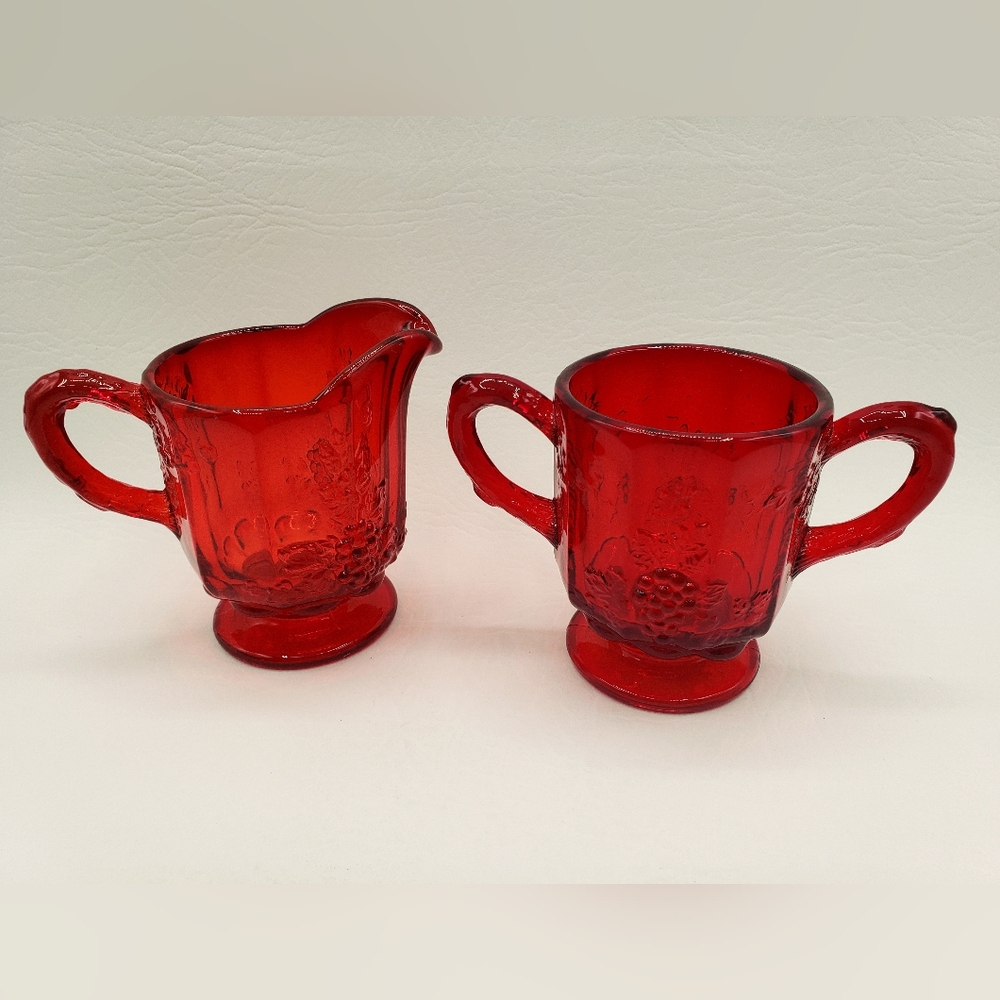 Westmoreland Ruby Red Amberina Paneled Grapes Cream & Sugar Set Vintage, Glows.